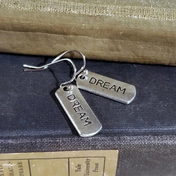 Handcrafted Dream Inspirational Word Message Carved Silver Black Earrings - Picture 5 of 9